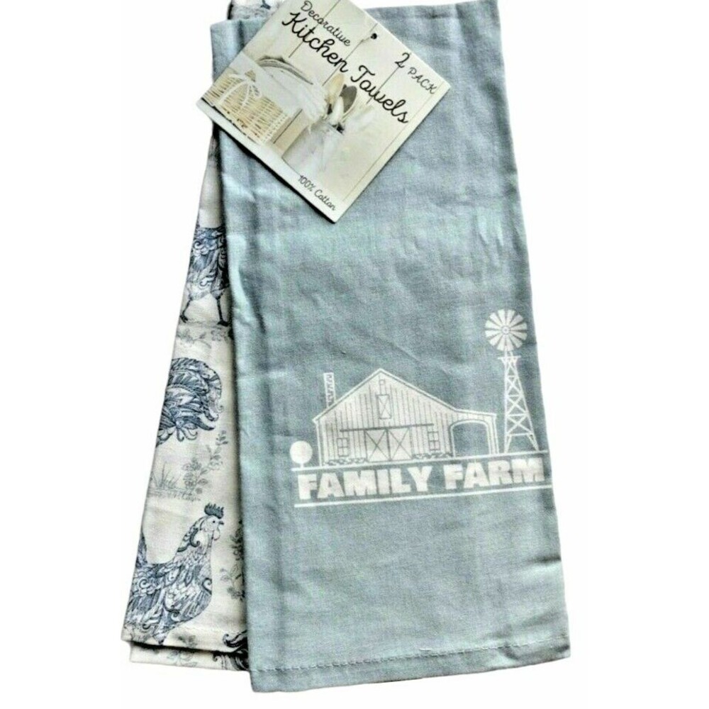 Farm Family Kitchen Dish Towels Set of 2 Sack Cloth Barn Windmill Chickens Blue